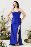 Skede Spaghetti Stropper Royal Blue Plus Size Prom Kjole med Split Front