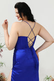 Skede Spaghetti Stropper Royal Blue Plus Size Prom Kjole med Split Front