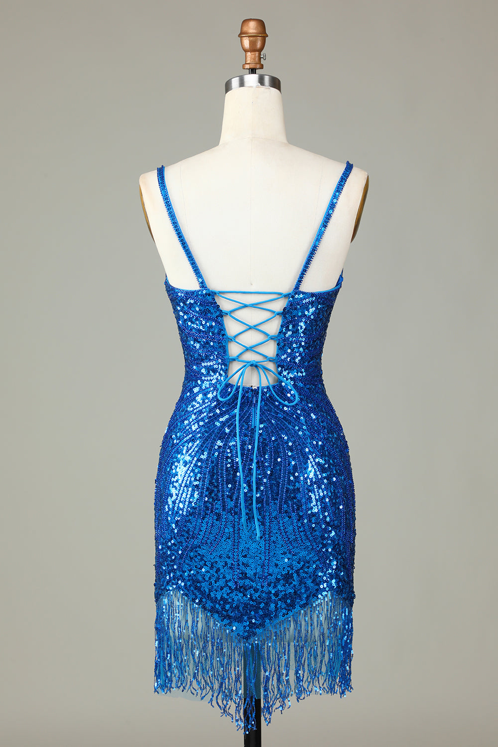 Sparkly Bodycon Spaghetti Stropper Blå Pailletter Kort Homecoming Kjole med Kvast