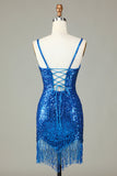 Sparkly Bodycon Spaghetti Stropper Blå Pailletter Kort Homecoming Kjole med Kvast