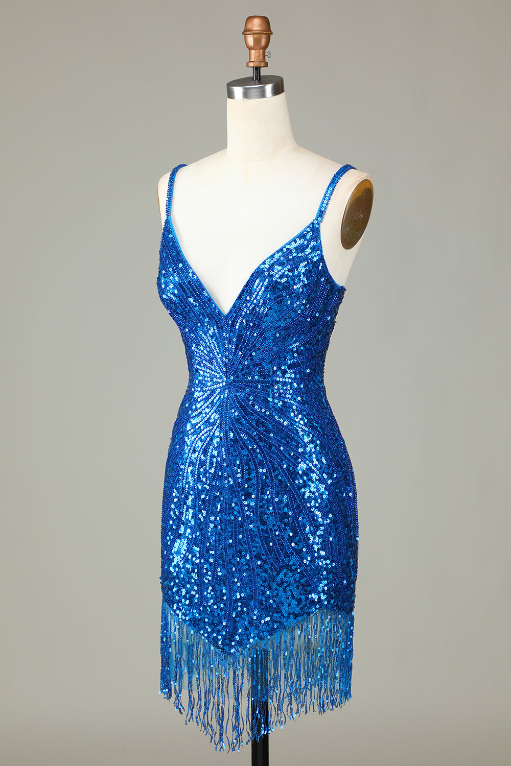 Sparkly Bodycon Spaghetti Stropper Blå Pailletter Kort Homecoming Kjole med Kvast
