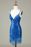 Sparkly Bodycon Spaghetti Stropper Blå Pailletter Kort Homecoming Kjole med Kvast