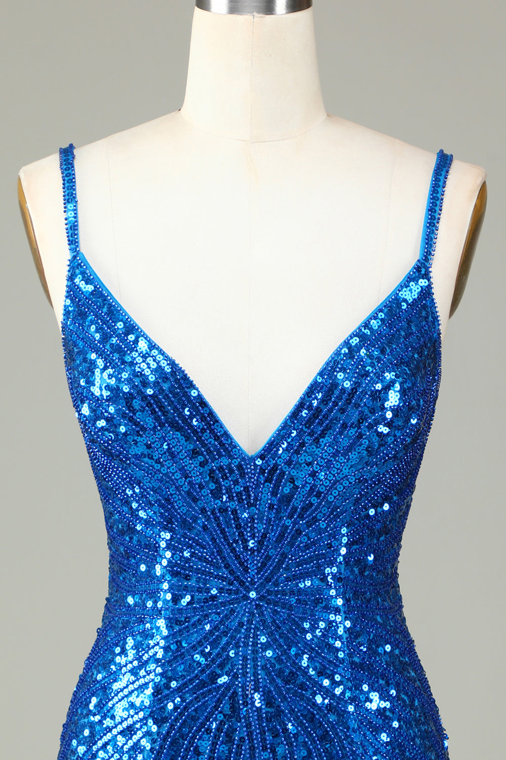 Sparkly Bodycon Spaghetti Stropper Blå Pailletter Kort Homecoming Kjole med Kvast