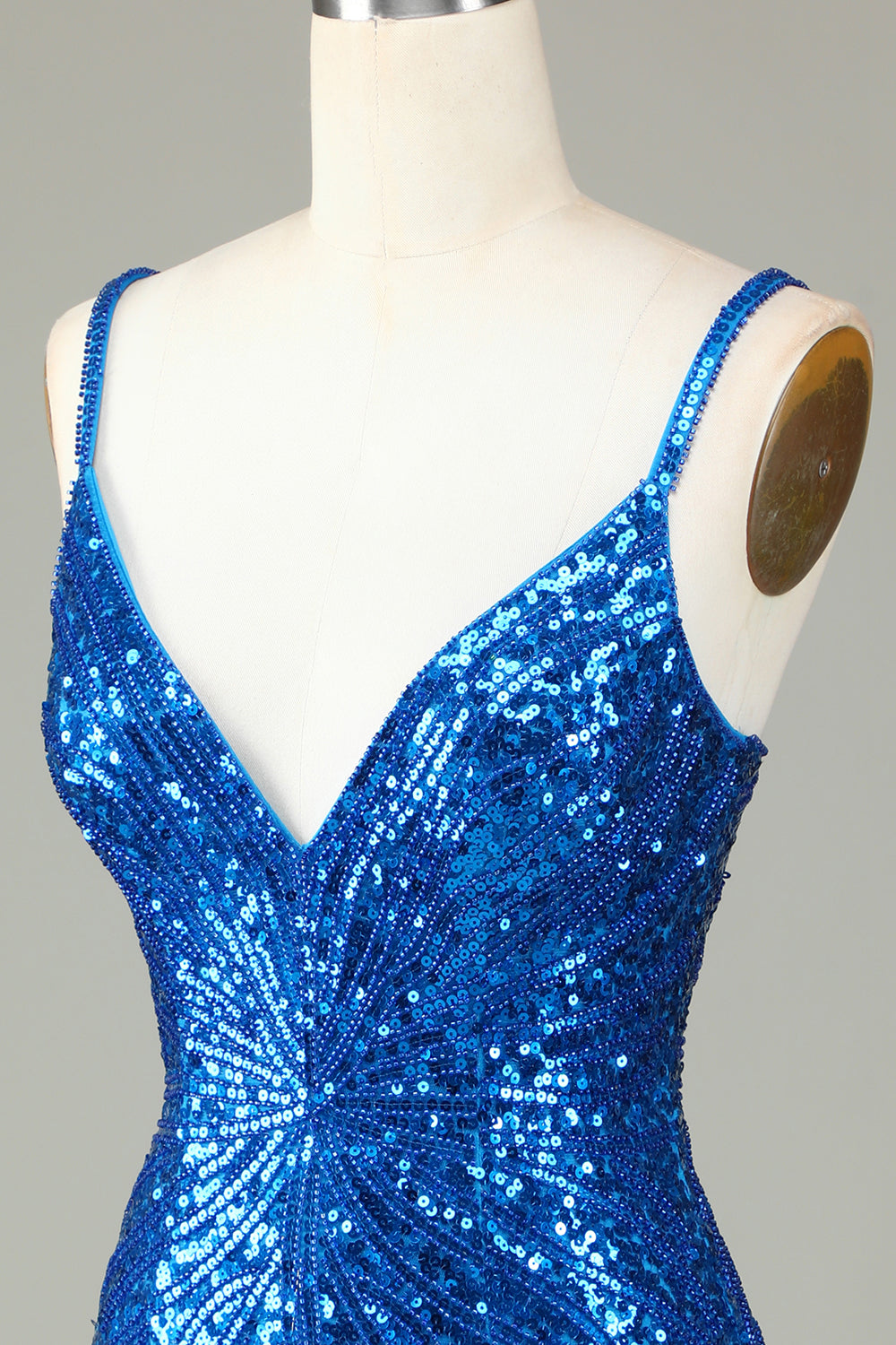 Sparkly Bodycon Spaghetti Stropper Blå Pailletter Kort Homecoming Kjole med Kvast