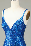 Sparkly Bodycon Spaghetti Stropper Blå Pailletter Kort Homecoming Kjole med Kvast