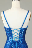 Sparkly Bodycon Spaghetti Stropper Blå Pailletter Kort Homecoming Kjole med Kvast