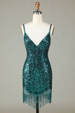 Sparkly Bodycon Spaghetti Stropper Blå Pailletter Kort Homecoming Kjole med Kvast