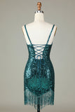 Sparkly Bodycon Spaghetti Stropper Blå Pailletter Kort Homecoming Kjole med Kvast