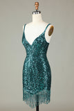 Sparkly Bodycon Spaghetti Stropper Blå Pailletter Kort Homecoming Kjole med Kvast