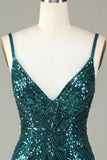 Sparkly Bodycon Spaghetti Stropper Blå Pailletter Kort Homecoming Kjole med Kvast
