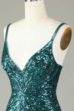 Sparkly Bodycon Spaghetti Stropper Blå Pailletter Kort Homecoming Kjole med Kvast