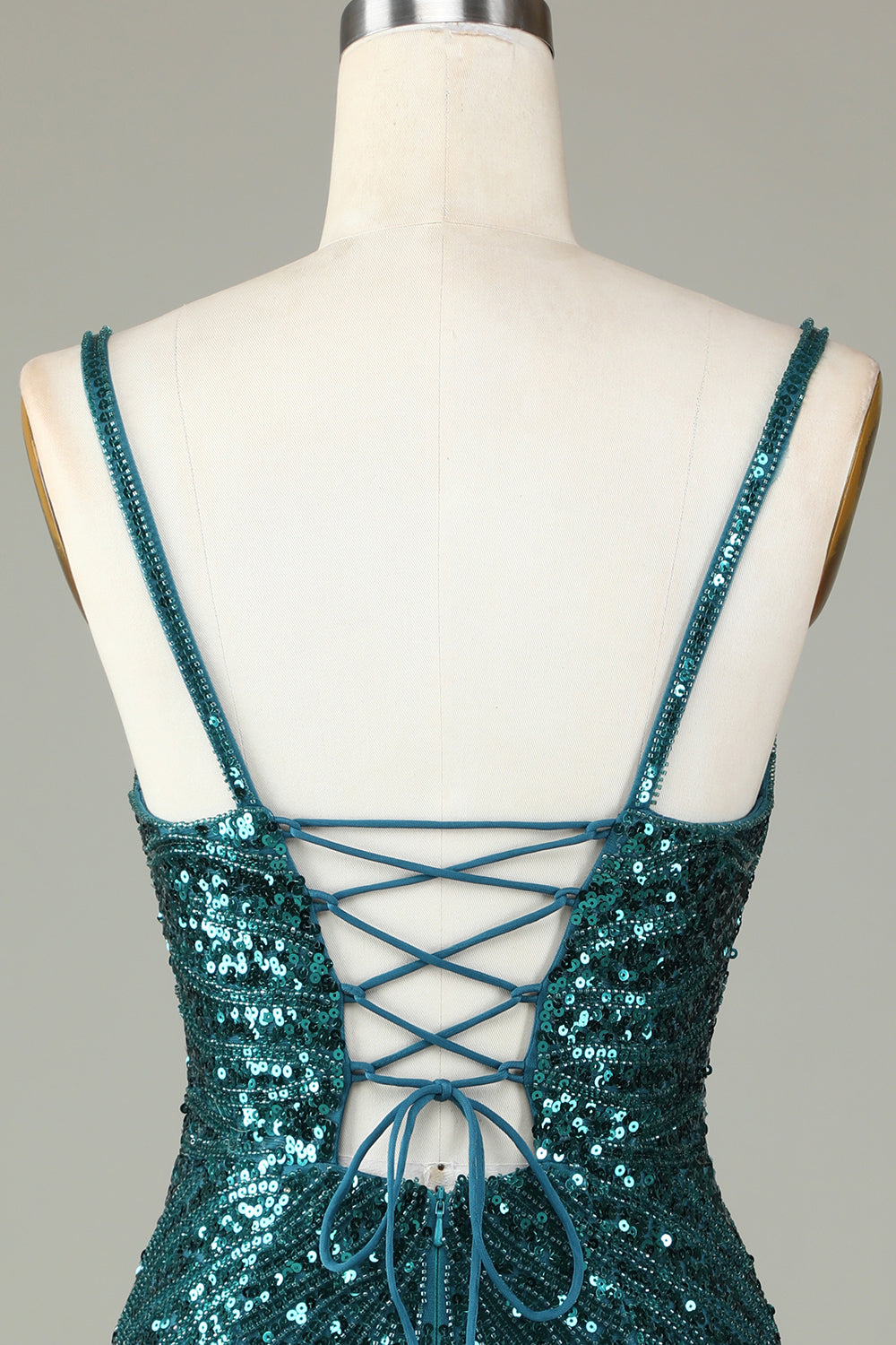 Sparkly Bodycon Spaghetti Stropper Blå Pailletter Kort Homecoming Kjole med Kvast