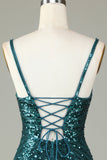 Sparkly Bodycon Spaghetti Stropper Blå Pailletter Kort Homecoming Kjole med Kvast