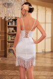Bodycon Spaghetti Stropper Hvide pailletter 1920'erne Festkjole med kvast