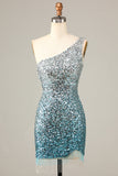 Sparkly Bodycon Én Skulder Blå Pailletter Kort Eksamenskjole med Kvast