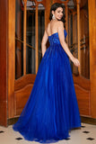 Royal Blue A-Line Sweetheart Long Beaded Prom Dress med tilbehør