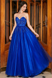 Royal Blue A-Line Sweetheart Long Beaded Prom Dress med tilbehør