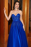 Royal Blue A-Line Sweetheart Long Beaded Prom Dress med tilbehør