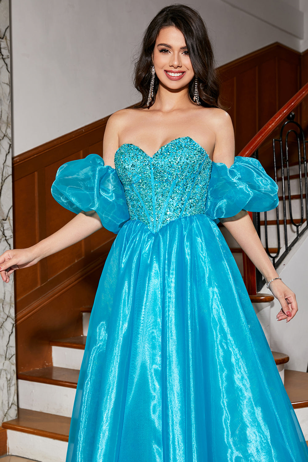 Blå A-Line Off The Shoulder Corset Beaded Prom Dress med tilbehør