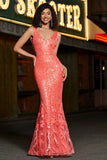 Charmerende Coral Mermaid Deep V Neck Sparkly Sequin Prom Dress med tilbehør