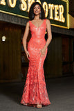 Charmerende Coral Mermaid Deep V Neck Sparkly Sequin Prom Dress med tilbehør