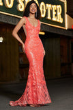 Charmerende Coral Mermaid Deep V Neck Sparkly Sequin Prom Dress med tilbehør