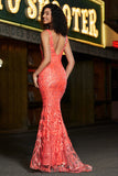 Charmerende Coral Mermaid Deep V Neck Sparkly Sequin Prom Dress med tilbehør
