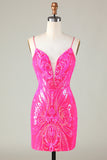Trend Hot Pink Lace Up Tight Glitter Eksamenskjole
