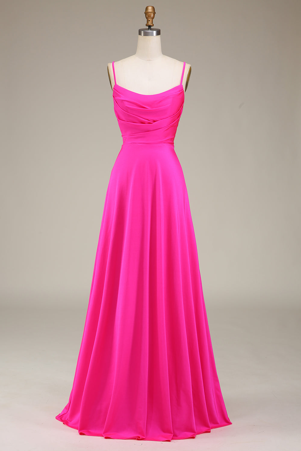 Hot Pink Spaghetti Straps A-line Galla Kjoler med plisseret