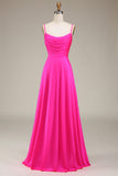 Hot Pink Spaghetti Straps A-line Galla Kjoler med plisseret