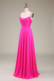 Hot Pink Spaghetti Straps A-line Galla Kjoler med plisseret