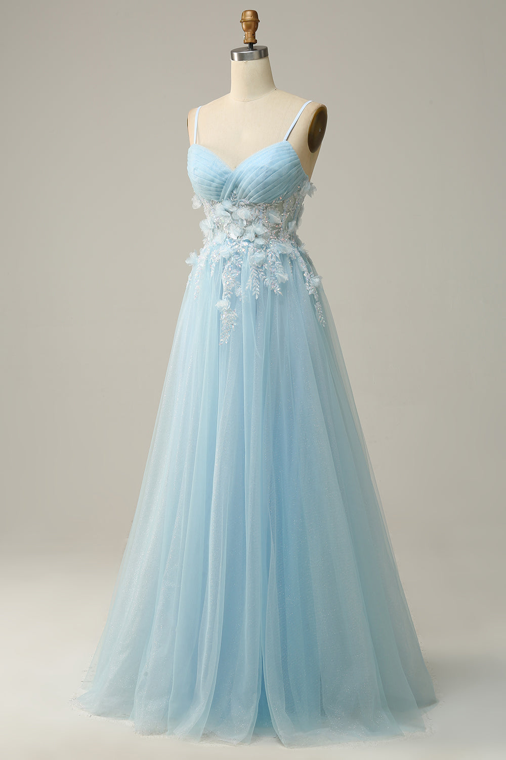 A Line Spaghetti Straps Himmelblå Prom Kjole med applikationer