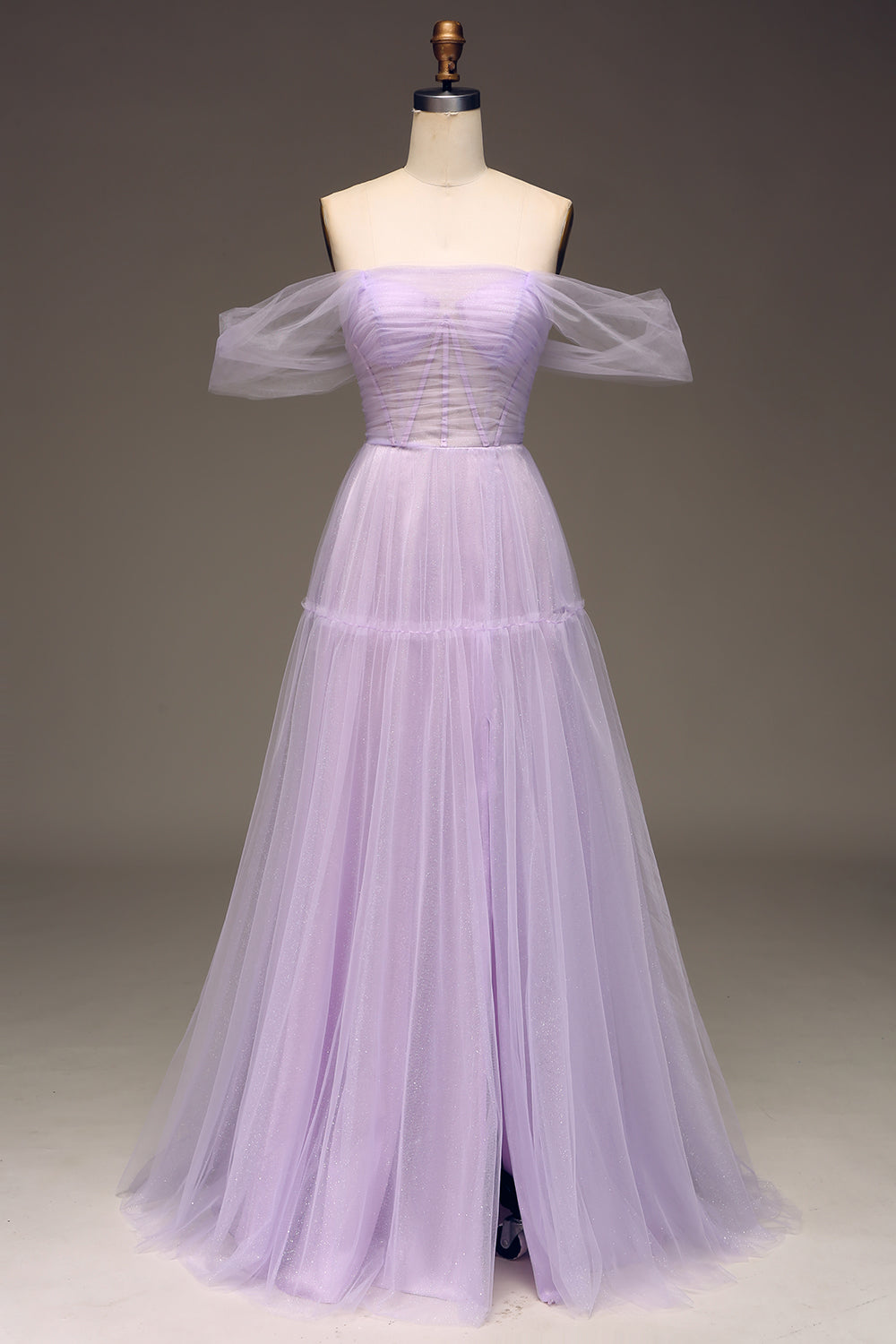 Lilac fra skulder A Line Tyl Prinsesse gallakjole med slids