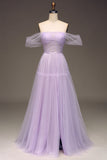 Lilac fra skulder A Line Tyl Prinsesse gallakjole med slids