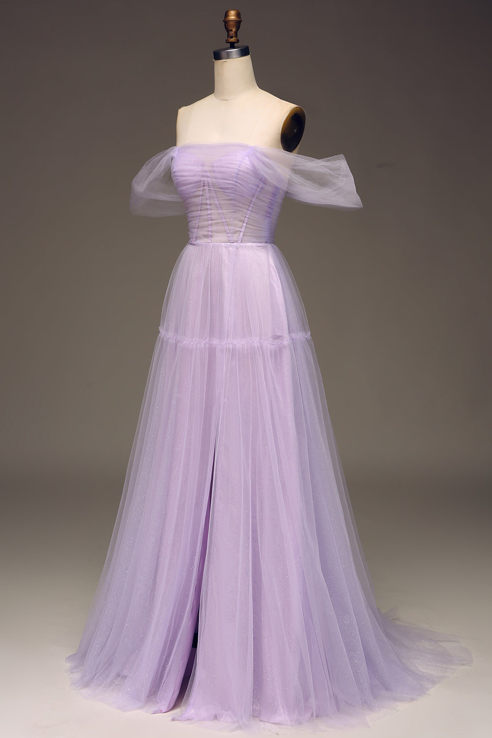 Lilac fra skulder A Line Tyl Prinsesse gallakjole med slids