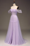 Lilac fra skulder A Line Tyl Prinsesse gallakjole med slids