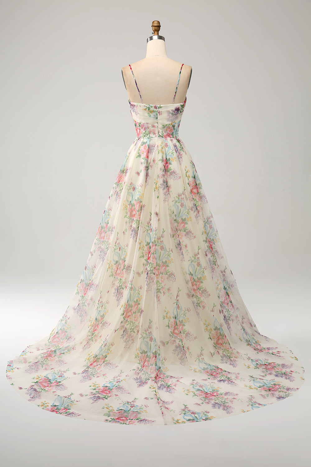 A-Line blomsterprint elfenben gallakjole med slids