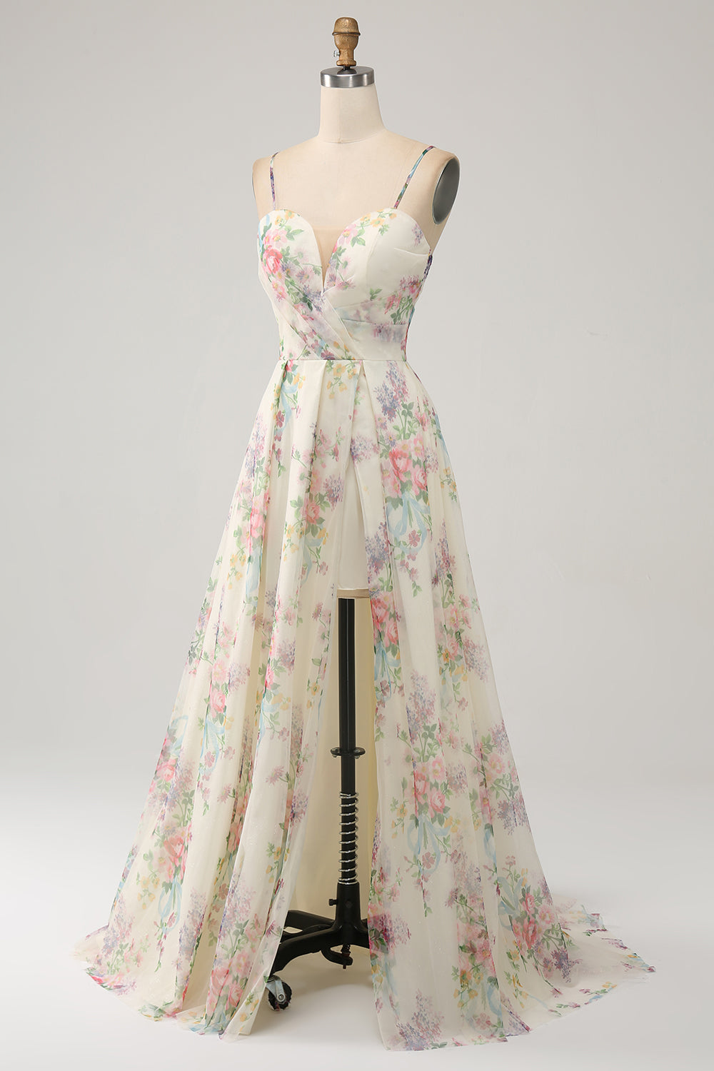 A-Line blomsterprint elfenben gallakjole med slids