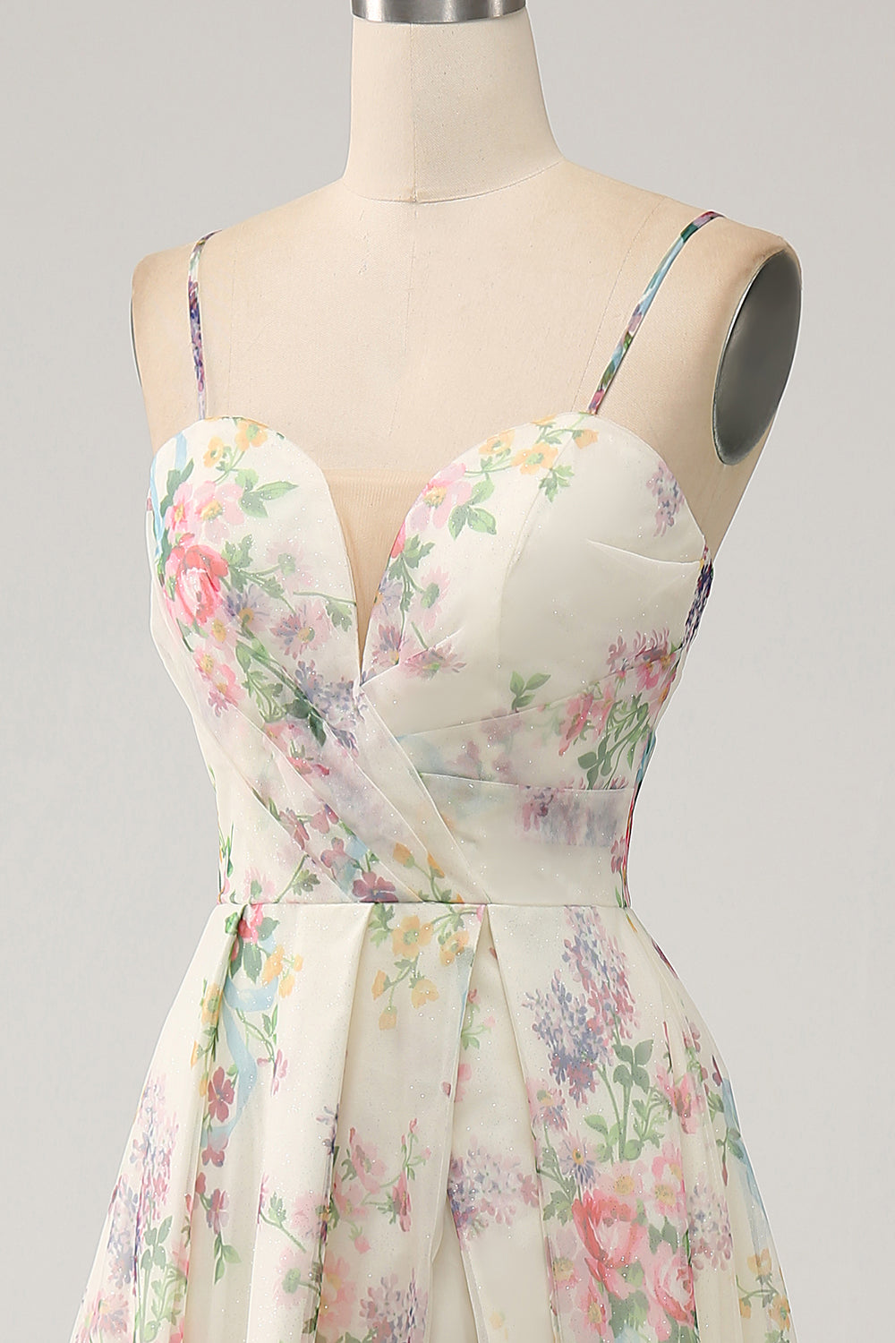 A-Line blomsterprint elfenben gallakjole med slids