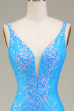 Glitrende blå dyb V-hals havfrue gallakjole