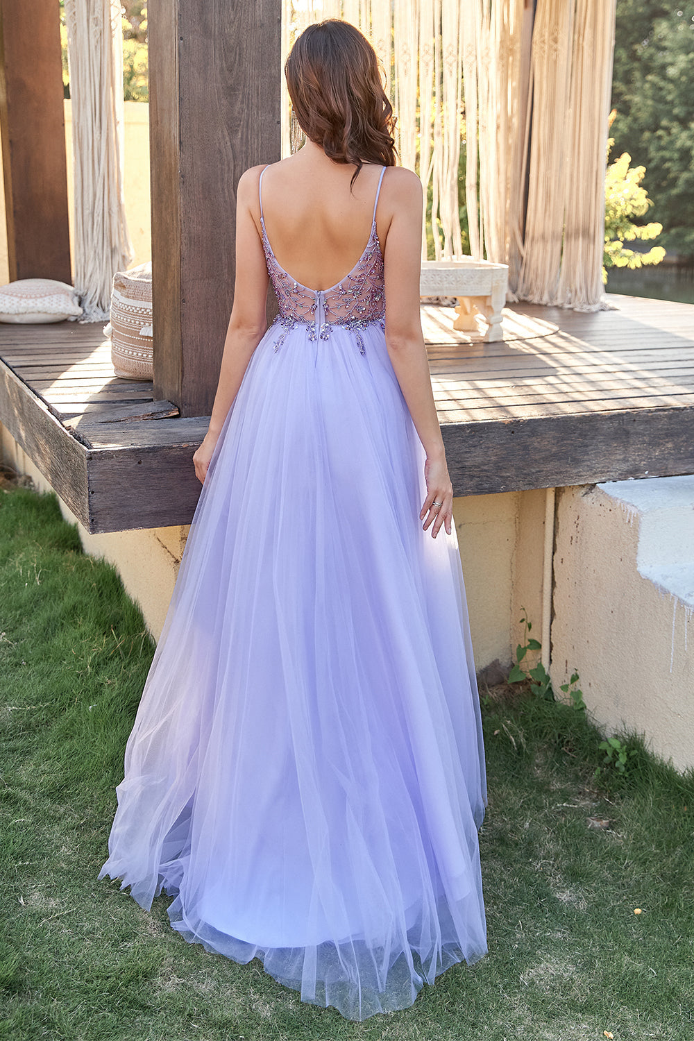 Lavendel Tulle A-line Prom Kjole med Beading