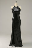 Sheath Halter Black Pailletter Plus Size Prom kjole med åben ryg