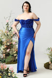 Skulderskede Royal Blue Plus Size gallakjole med delt front
