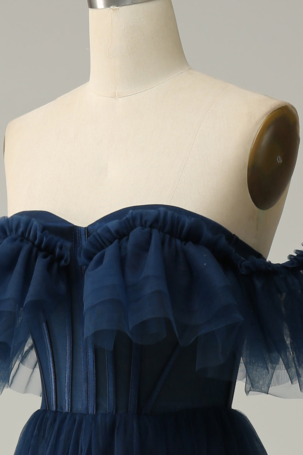 A-line af skulderen Sweetheart Tulle Navy Long Prom Kjole