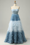A Line Sweetheart Grey Blue Long Prom Dress med flæser