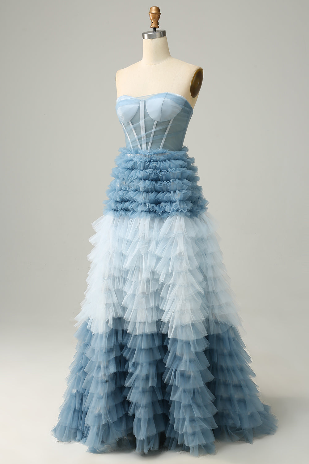 A Line Sweetheart Grey Blue Long Prom Dress med flæser