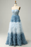A Line Sweetheart Grey Blue Long Prom Dress med flæser