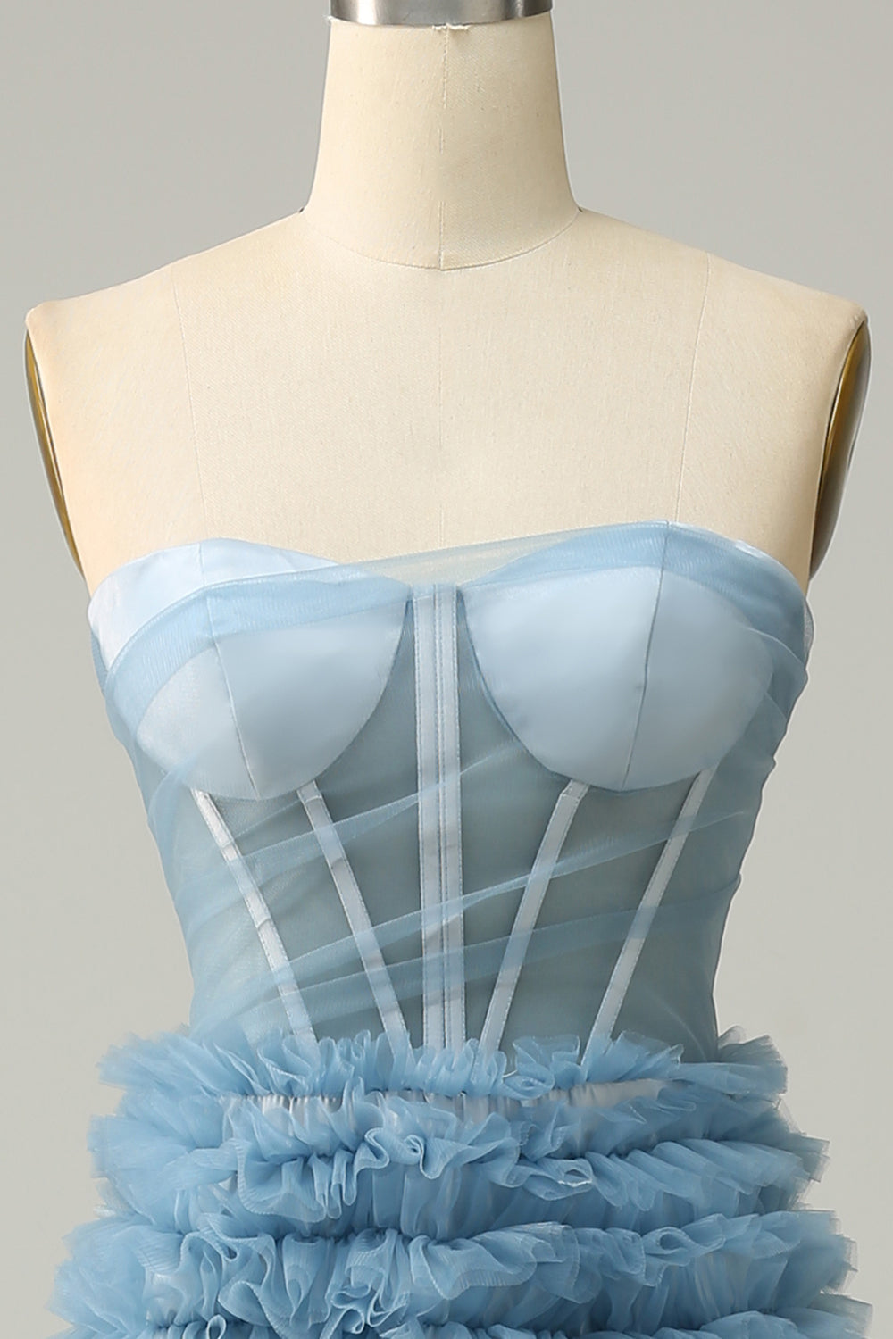 A Line Sweetheart Grey Blue Long Prom Dress med flæser