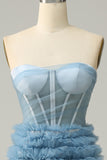 A Line Sweetheart Grey Blue Long Prom Dress med flæser