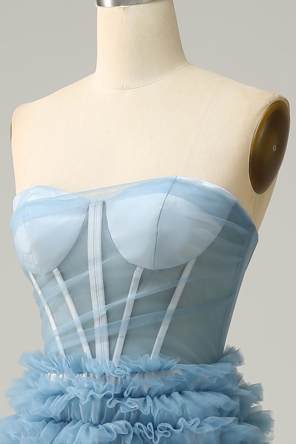 A Line Sweetheart Grey Blue Long Prom Dress med flæser